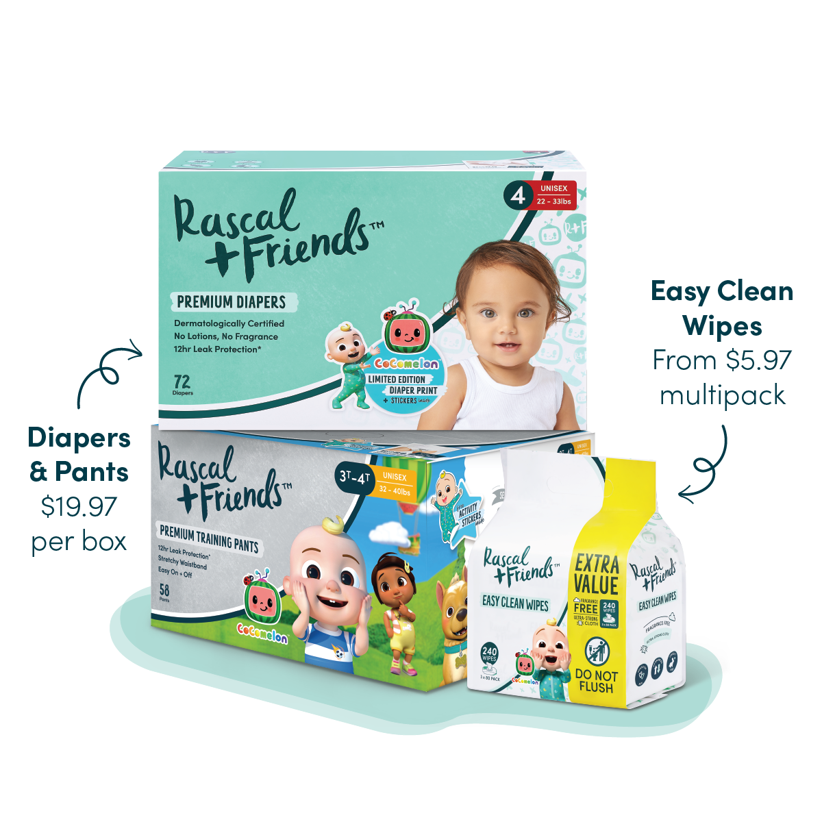Rascal + Friends CoComelon Diapers, Training Pants and Easy Clean Wipes