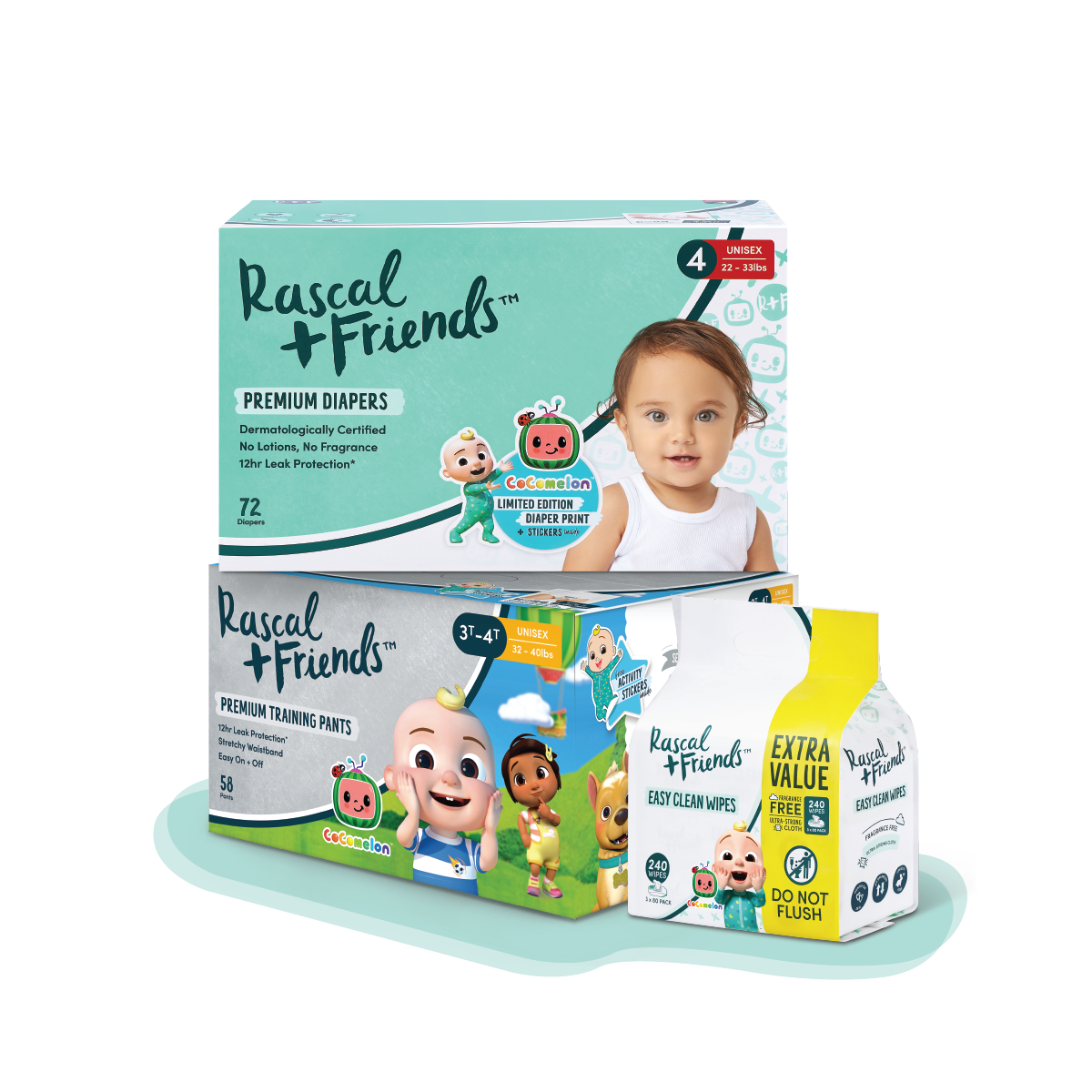 Rascal + Friends CoComelon Diapers, Training Pants and Baby Wipes